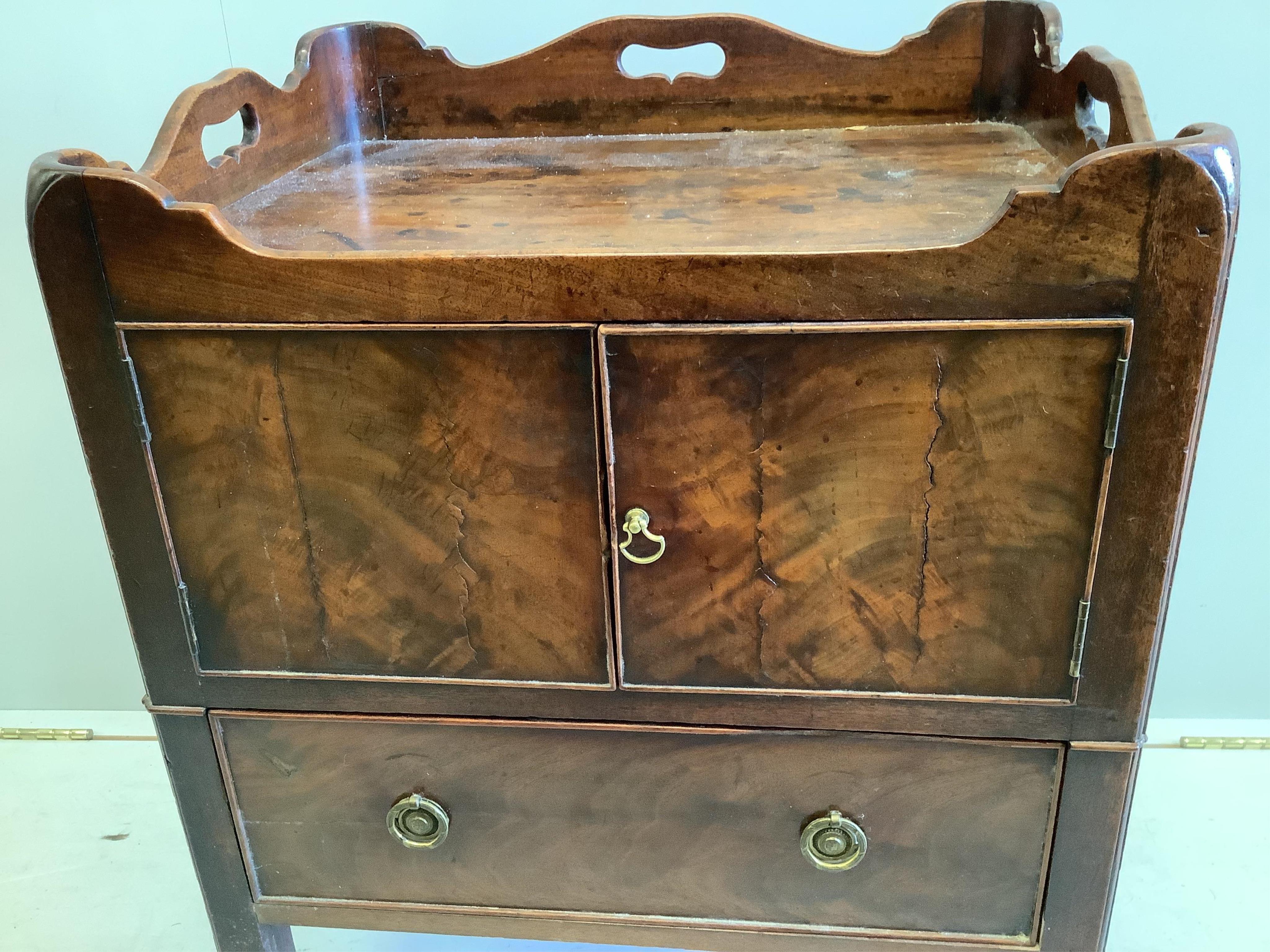 A George III mahogany tray top commode, width 56cm, depth 46cm, height 76cm. Condition - fair